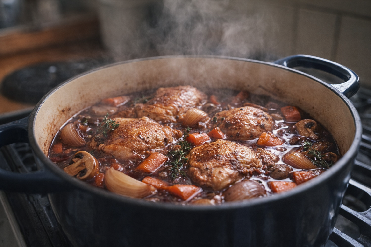 A 30-degree angle, close-up shot of chicken braising in red wine sauce with vegetables in a Dutch oven, steam rising, soft, diffused light